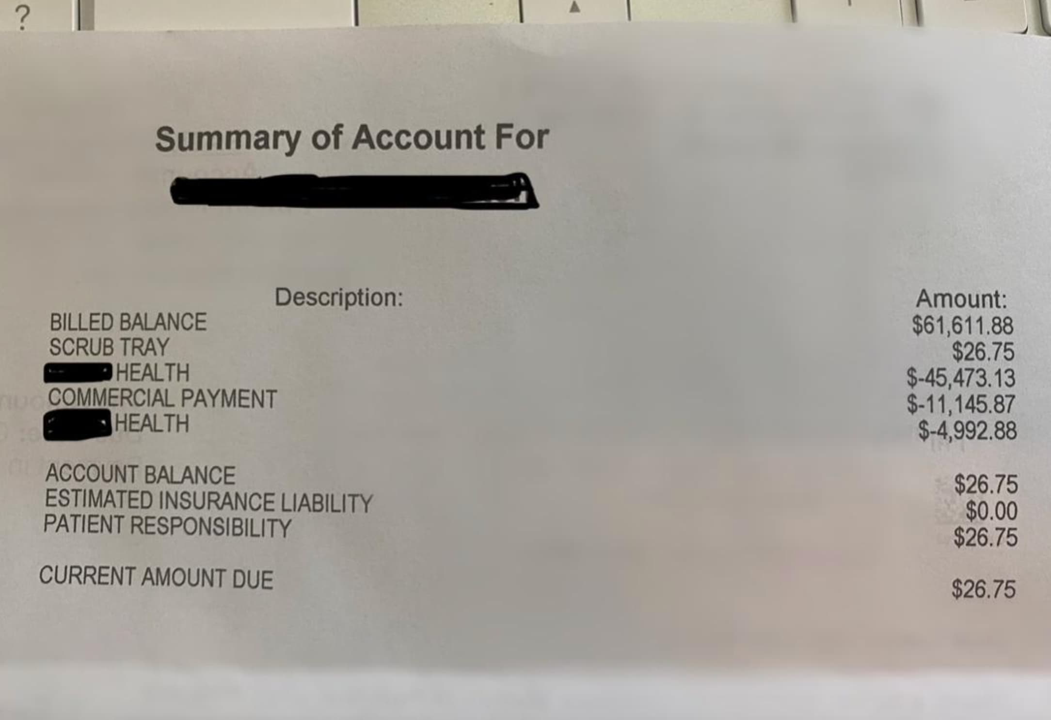 paper - ? Summary of Account For Billed Balance Scrub Tray Health Duo Commercial Payment Health Description Account Balance Estimated Insurance Liability Patient Responsibility Current Amount Due Amount $61,611.88 $26.75 $45,473.13 $11,145.87 $4,992.88 $2